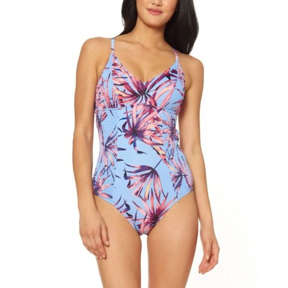 Jessica Simpson S One-Piece Tropical Cross Back Smocked Swimwear V-neck Swimsuit - Picture 9 of 12